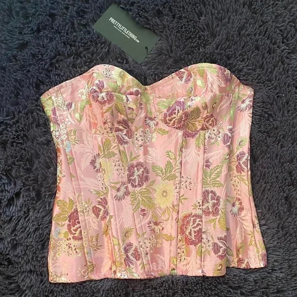 Pretty Little Thing Pink Floral Jacquard Satin Corset💞